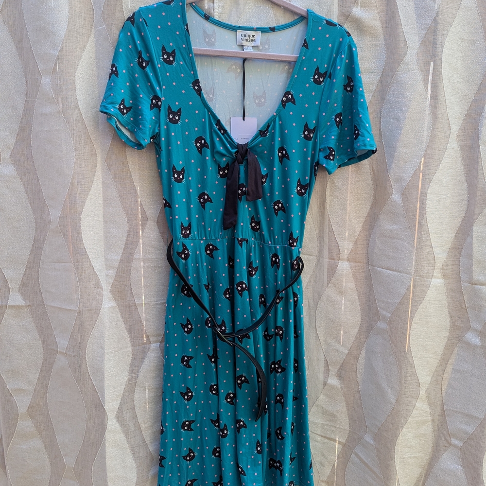 Unique Vintage Teal Cat Pattern Midi Dress